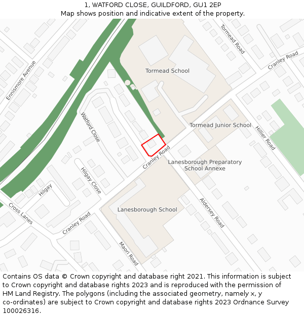 1, WATFORD CLOSE, GUILDFORD, GU1 2EP: Location map and indicative extent of plot