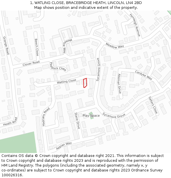 1, WATLING CLOSE, BRACEBRIDGE HEATH, LINCOLN, LN4 2BD: Location map and indicative extent of plot