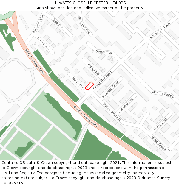 1, WATTS CLOSE, LEICESTER, LE4 0PS: Location map and indicative extent of plot