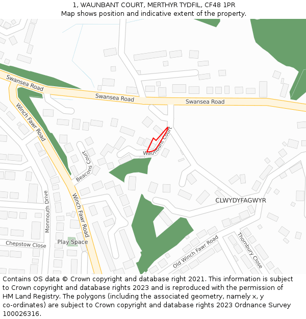 1, WAUNBANT COURT, MERTHYR TYDFIL, CF48 1PR: Location map and indicative extent of plot