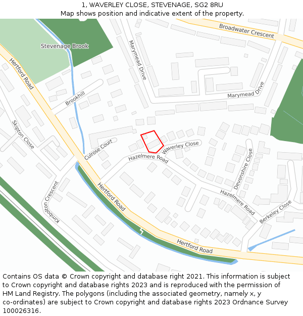 1, WAVERLEY CLOSE, STEVENAGE, SG2 8RU: Location map and indicative extent of plot