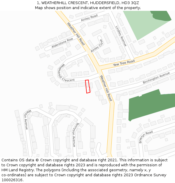 1, WEATHERHILL CRESCENT, HUDDERSFIELD, HD3 3QZ: Location map and indicative extent of plot