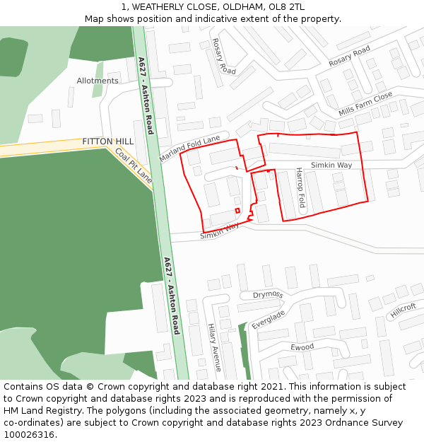 1, WEATHERLY CLOSE, OLDHAM, OL8 2TL: Location map and indicative extent of plot