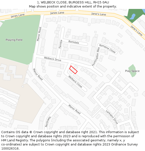 1, WELBECK CLOSE, BURGESS HILL, RH15 0AU: Location map and indicative extent of plot