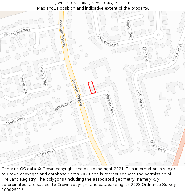 1, WELBECK DRIVE, SPALDING, PE11 1PD: Location map and indicative extent of plot