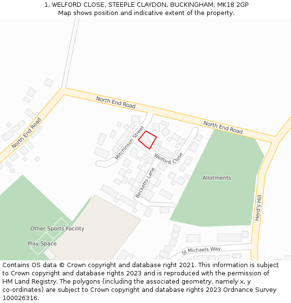 1, WELFORD CLOSE, STEEPLE CLAYDON, BUCKINGHAM, MK18 2GP: Location map and indicative extent of plot