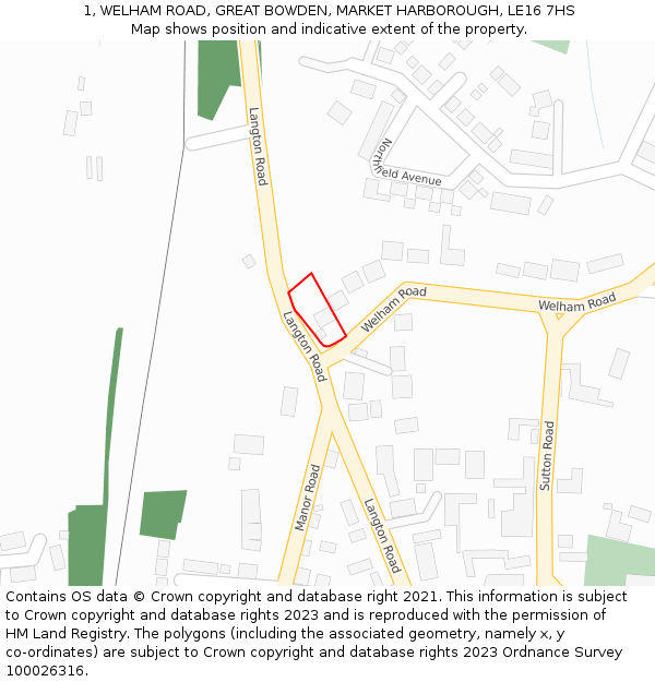 1, WELHAM ROAD, GREAT BOWDEN, MARKET HARBOROUGH, LE16 7HS: Location map and indicative extent of plot