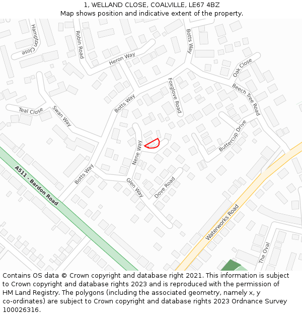 1, WELLAND CLOSE, COALVILLE, LE67 4BZ: Location map and indicative extent of plot