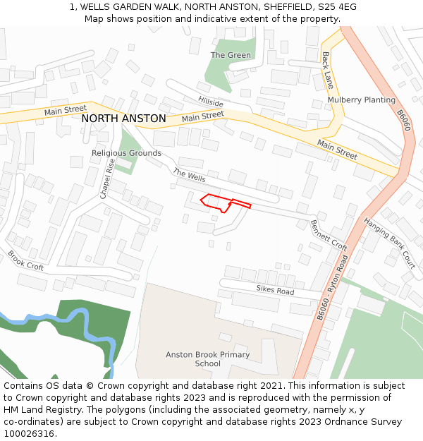 1, WELLS GARDEN WALK, NORTH ANSTON, SHEFFIELD, S25 4EG: Location map and indicative extent of plot