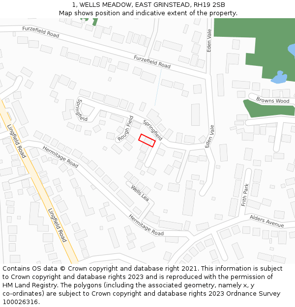 1, WELLS MEADOW, EAST GRINSTEAD, RH19 2SB: Location map and indicative extent of plot