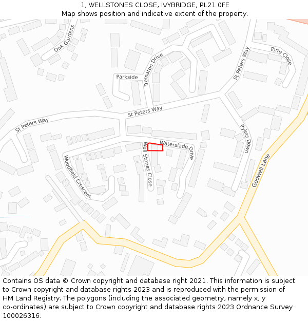 1, WELLSTONES CLOSE, IVYBRIDGE, PL21 0FE: Location map and indicative extent of plot