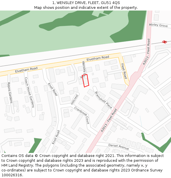 1, WENSLEY DRIVE, FLEET, GU51 4QS: Location map and indicative extent of plot