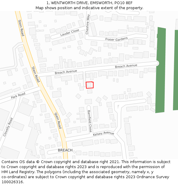 1, WENTWORTH DRIVE, EMSWORTH, PO10 8EF: Location map and indicative extent of plot