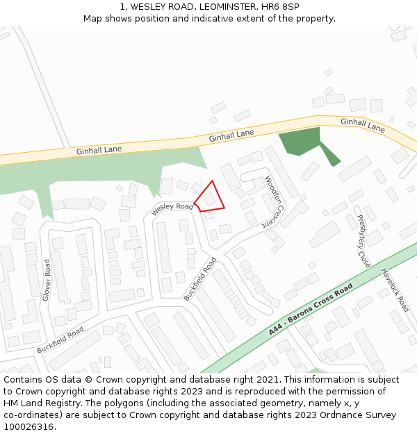 1, WESLEY ROAD, LEOMINSTER, HR6 8SP: Location map and indicative extent of plot