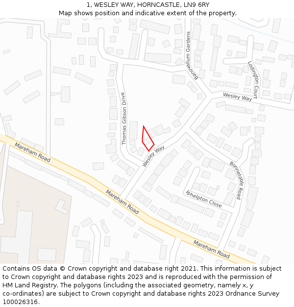1, WESLEY WAY, HORNCASTLE, LN9 6RY: Location map and indicative extent of plot