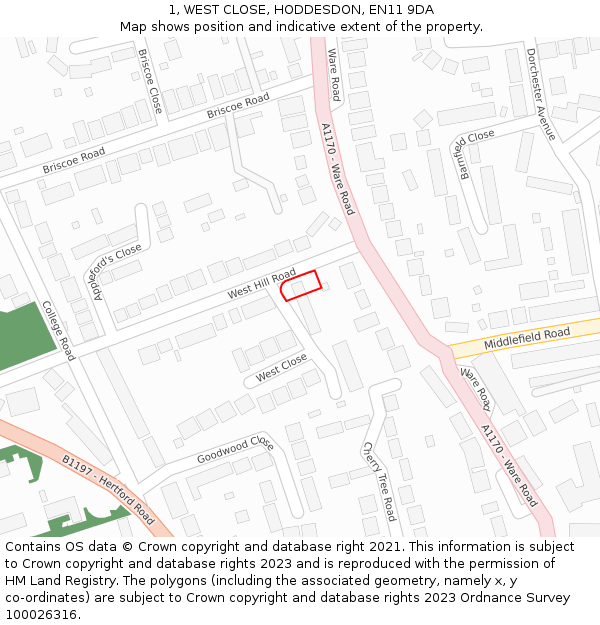 1, WEST CLOSE, HODDESDON, EN11 9DA: Location map and indicative extent of plot