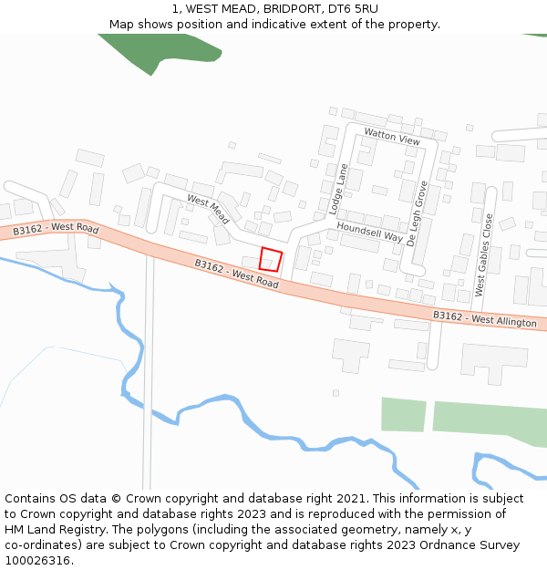 1, WEST MEAD, BRIDPORT, DT6 5RU: Location map and indicative extent of plot