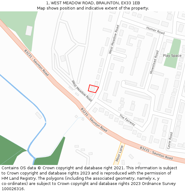 1, WEST MEADOW ROAD, BRAUNTON, EX33 1EB: Location map and indicative extent of plot