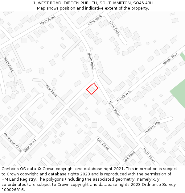 1, WEST ROAD, DIBDEN PURLIEU, SOUTHAMPTON, SO45 4RH: Location map and indicative extent of plot