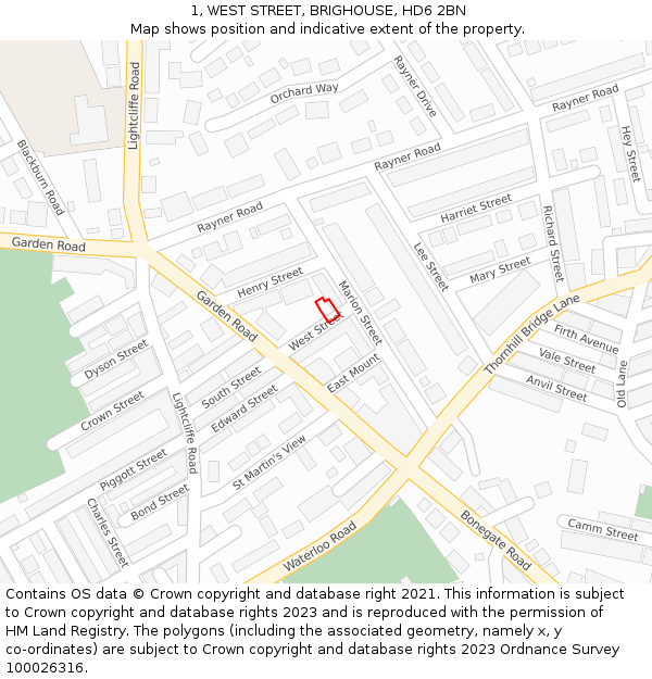 1, WEST STREET, BRIGHOUSE, HD6 2BN: Location map and indicative extent of plot