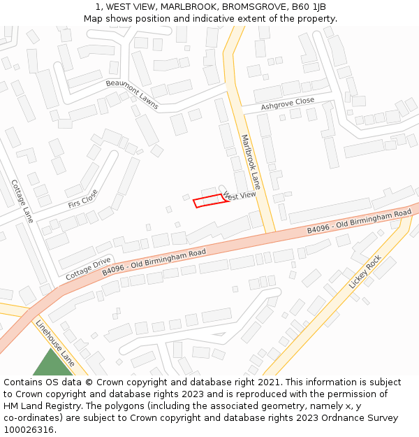 1, WEST VIEW, MARLBROOK, BROMSGROVE, B60 1JB: Location map and indicative extent of plot