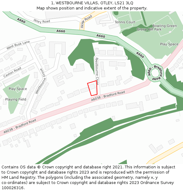 1, WESTBOURNE VILLAS, OTLEY, LS21 3LQ: Location map and indicative extent of plot