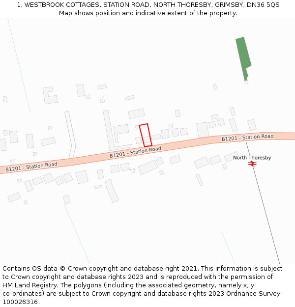 1, WESTBROOK COTTAGES, STATION ROAD, NORTH THORESBY, GRIMSBY, DN36 5QS: Location map and indicative extent of plot