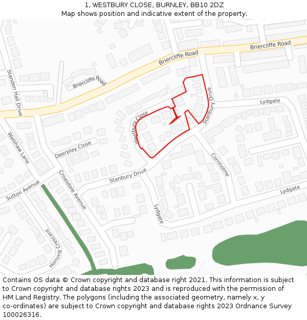 1, WESTBURY CLOSE, BURNLEY, BB10 2DZ: Location map and indicative extent of plot