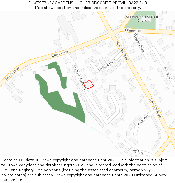 1, WESTBURY GARDENS, HIGHER ODCOMBE, YEOVIL, BA22 8UR: Location map and indicative extent of plot