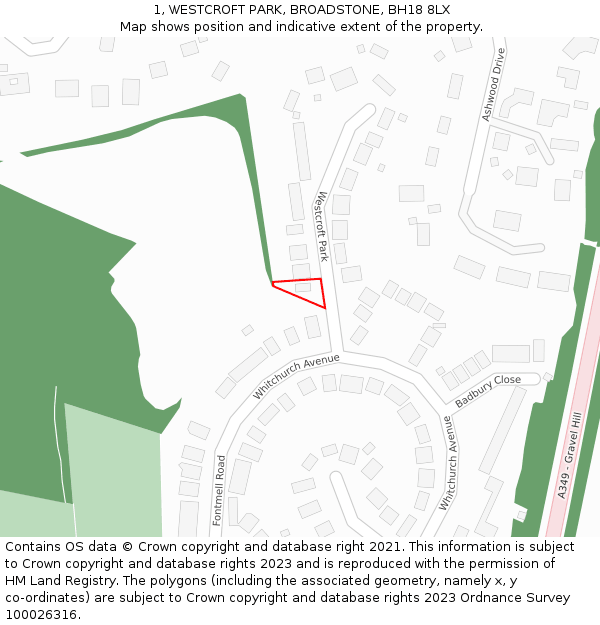 1, WESTCROFT PARK, BROADSTONE, BH18 8LX: Location map and indicative extent of plot