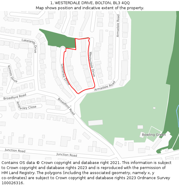 1, WESTERDALE DRIVE, BOLTON, BL3 4QQ: Location map and indicative extent of plot