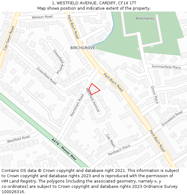 1, WESTFIELD AVENUE, CARDIFF, CF14 1TT: Location map and indicative extent of plot
