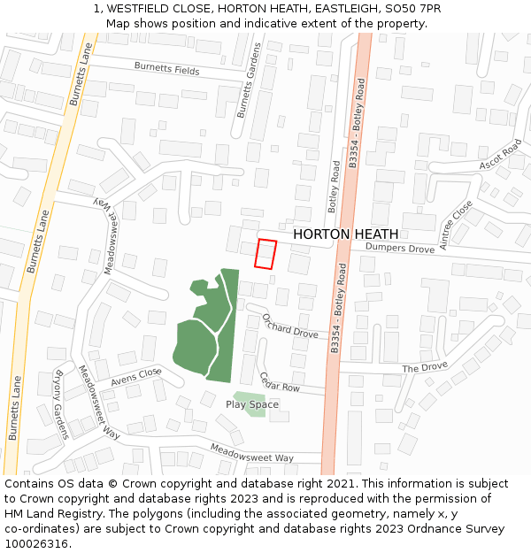 1, WESTFIELD CLOSE, HORTON HEATH, EASTLEIGH, SO50 7PR: Location map and indicative extent of plot