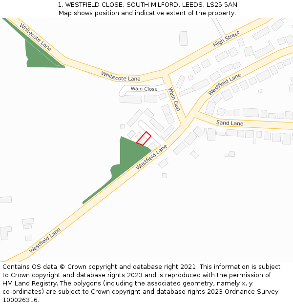 1, WESTFIELD CLOSE, SOUTH MILFORD, LEEDS, LS25 5AN: Location map and indicative extent of plot