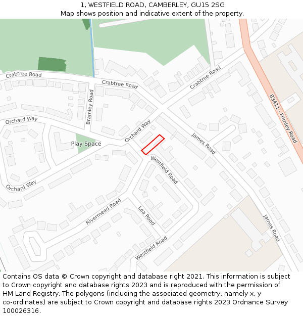 1, WESTFIELD ROAD, CAMBERLEY, GU15 2SG: Location map and indicative extent of plot