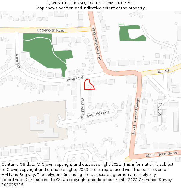 1, WESTFIELD ROAD, COTTINGHAM, HU16 5PE: Location map and indicative extent of plot