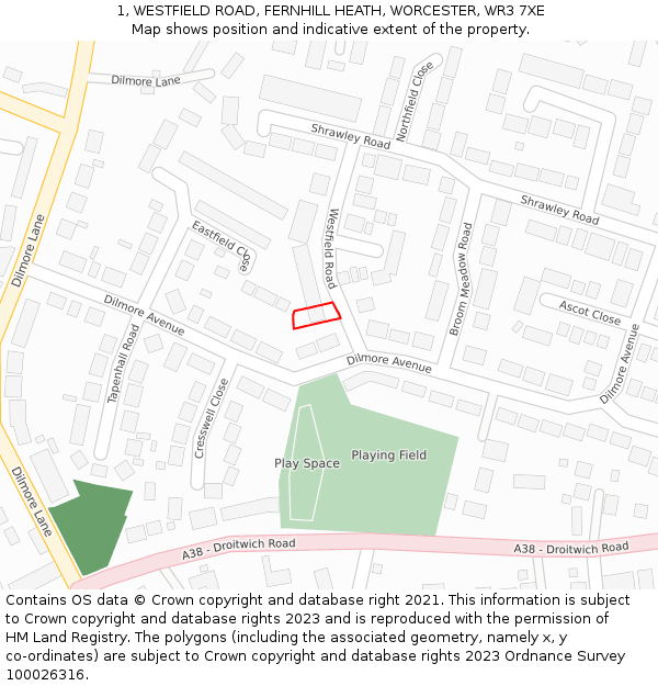 1, WESTFIELD ROAD, FERNHILL HEATH, WORCESTER, WR3 7XE: Location map and indicative extent of plot