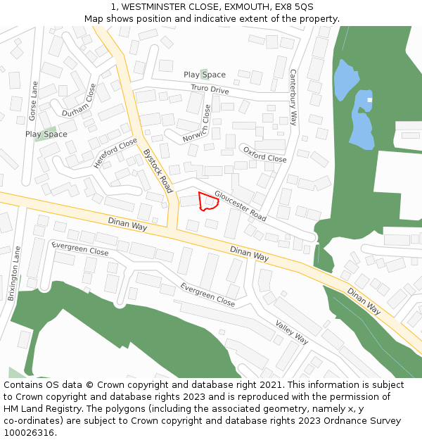 1, WESTMINSTER CLOSE, EXMOUTH, EX8 5QS: Location map and indicative extent of plot