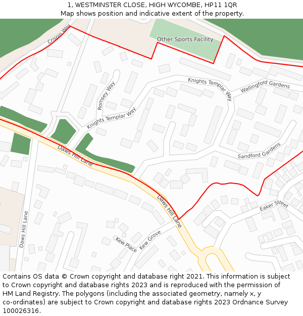 1, WESTMINSTER CLOSE, HIGH WYCOMBE, HP11 1QR: Location map and indicative extent of plot