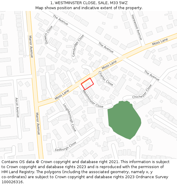 1, WESTMINSTER CLOSE, SALE, M33 5WZ: Location map and indicative extent of plot