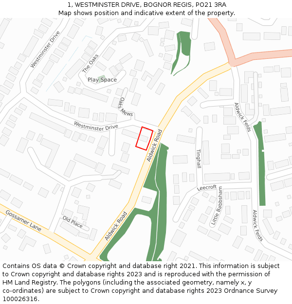 1, WESTMINSTER DRIVE, BOGNOR REGIS, PO21 3RA: Location map and indicative extent of plot