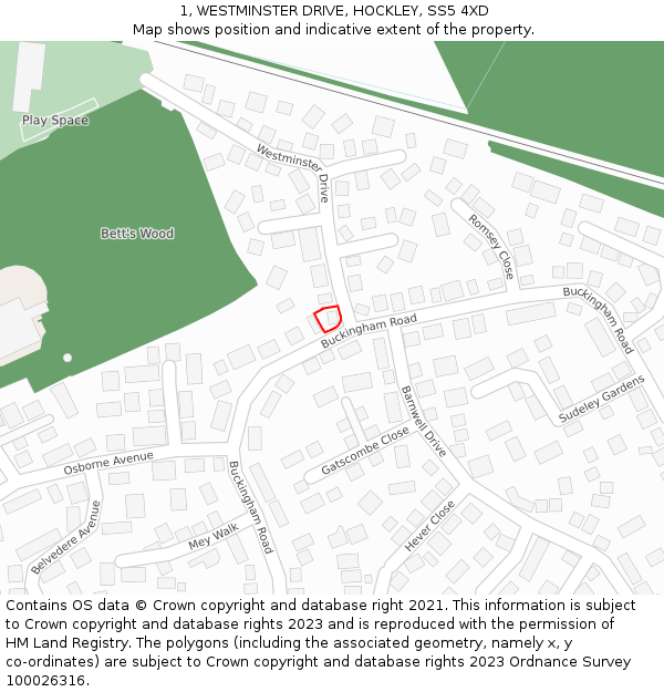 1, WESTMINSTER DRIVE, HOCKLEY, SS5 4XD: Location map and indicative extent of plot