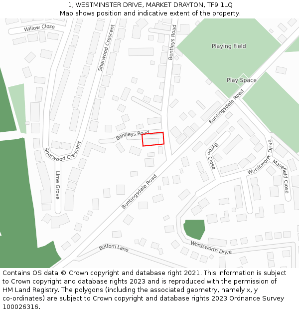 1, WESTMINSTER DRIVE, MARKET DRAYTON, TF9 1LQ: Location map and indicative extent of plot