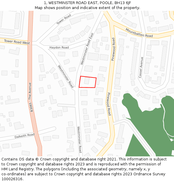 1, WESTMINSTER ROAD EAST, POOLE, BH13 6JF: Location map and indicative extent of plot