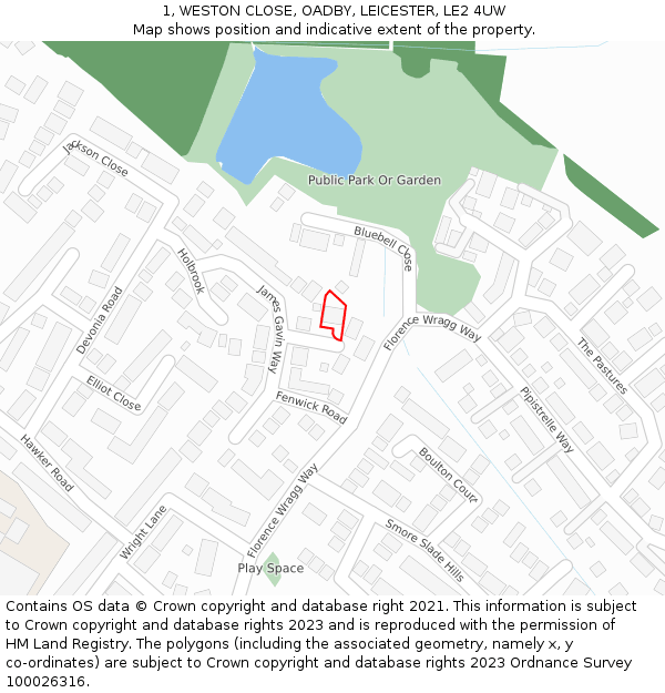 1, WESTON CLOSE, OADBY, LEICESTER, LE2 4UW: Location map and indicative extent of plot