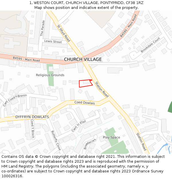 1, WESTON COURT, CHURCH VILLAGE, PONTYPRIDD, CF38 1RZ: Location map and indicative extent of plot