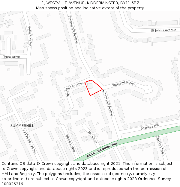 1, WESTVILLE AVENUE, KIDDERMINSTER, DY11 6BZ: Location map and indicative extent of plot
