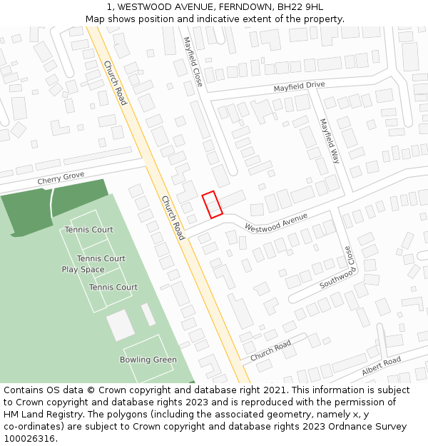 1, WESTWOOD AVENUE, FERNDOWN, BH22 9HL: Location map and indicative extent of plot