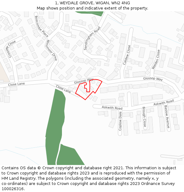 1, WEYDALE GROVE, WIGAN, WN2 4NG: Location map and indicative extent of plot