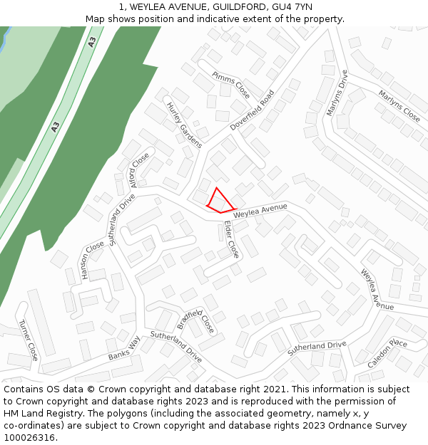 1, WEYLEA AVENUE, GUILDFORD, GU4 7YN: Location map and indicative extent of plot